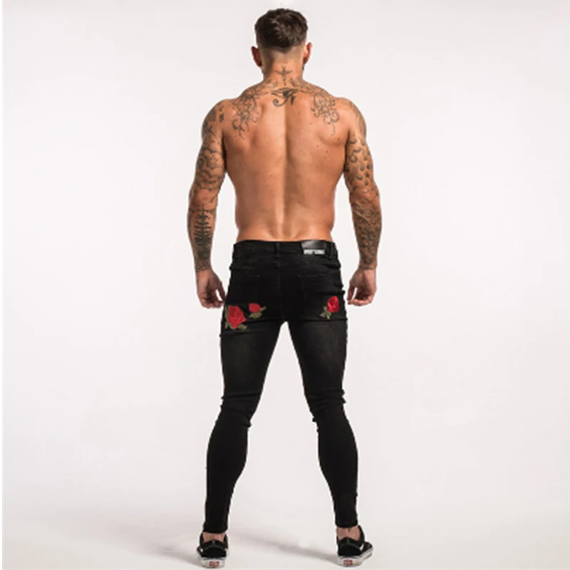 Новинка 2018 мужские джинсы с черной розой джинсовые брюки облегающие прямые