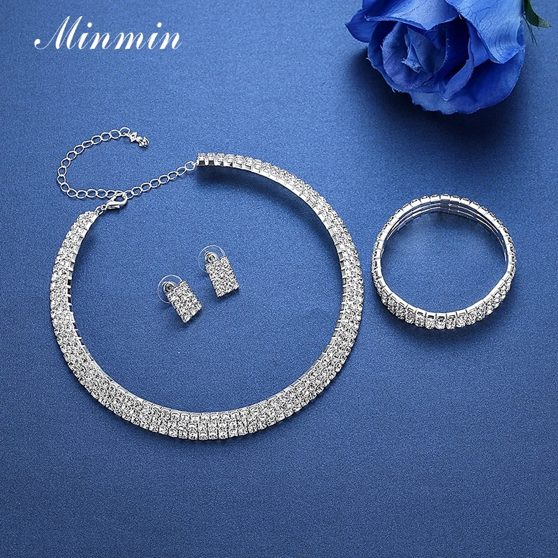 Minmin Стразы Свадебные Ювелирные наборы серебряный цвет кристалл чокер ожерелье