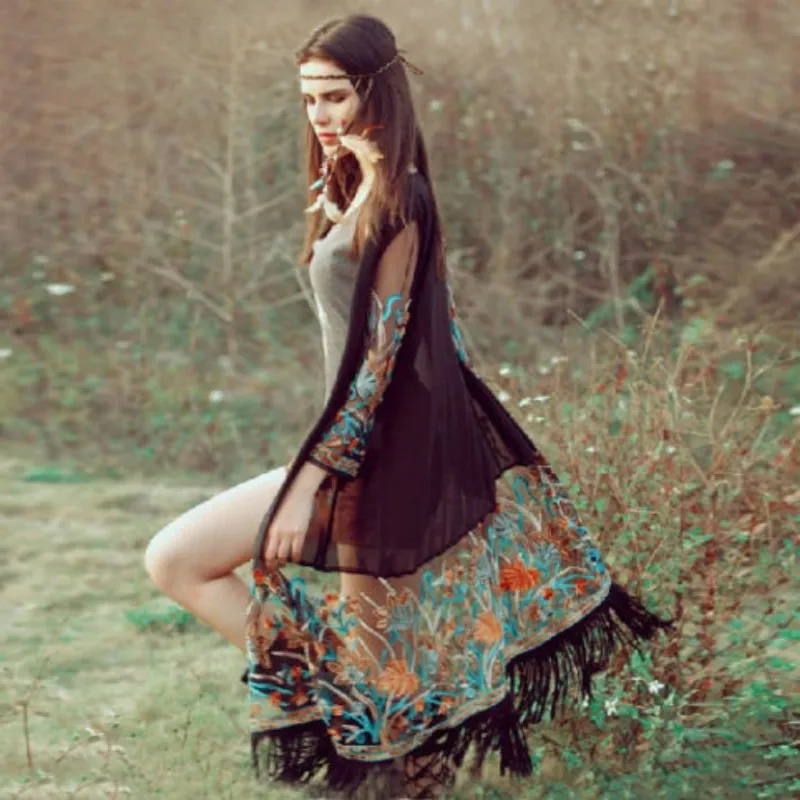 Винтажная Женская пляжная Длинная накидка с цветочным принтом в стиле бохо топы