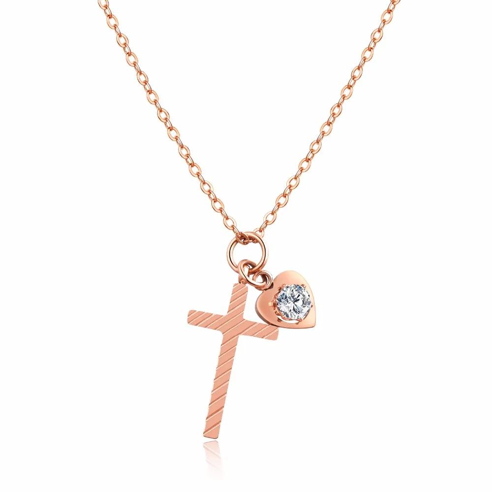 

Fashion Stainless Steel smalle Cross Pendant Necklace For Woman with heart Inlay Zirconia rose Gold Color Link Chain Jewelry