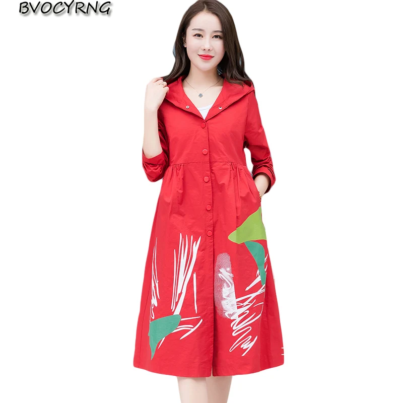 Женская Длинная ветровка с капюшоном черно-Красная приталенная куртка большого