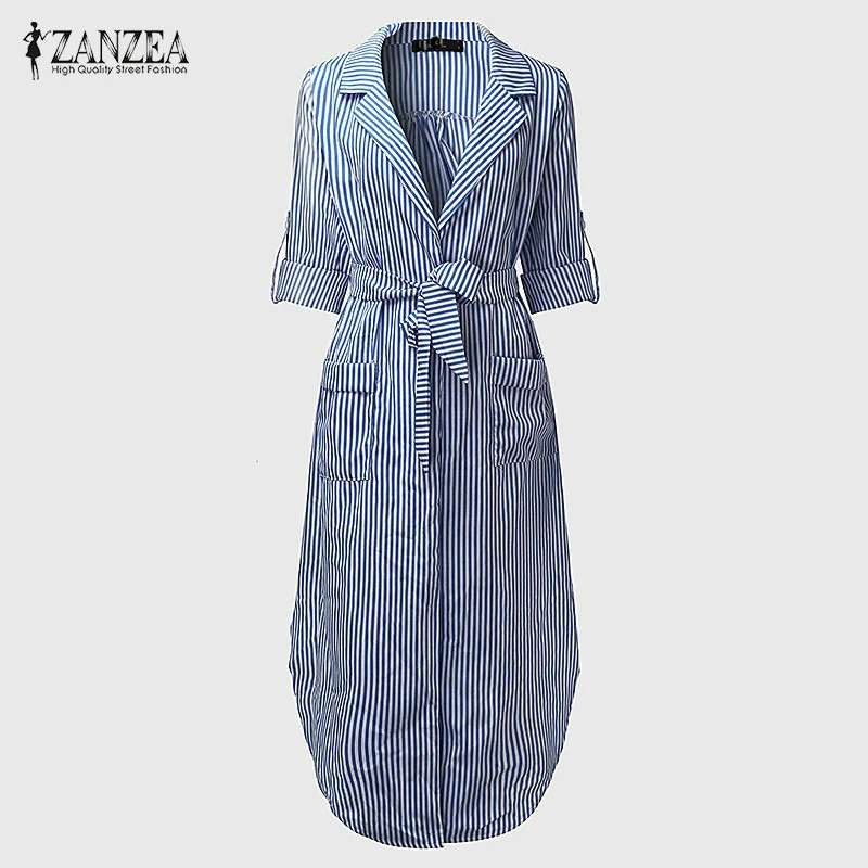 Brand Fashion Women's Long Shirt Dress Vertical Striped Ladies Sleeve Belted Side Split Maxi Vestidos 4XL Women | Женская одежда