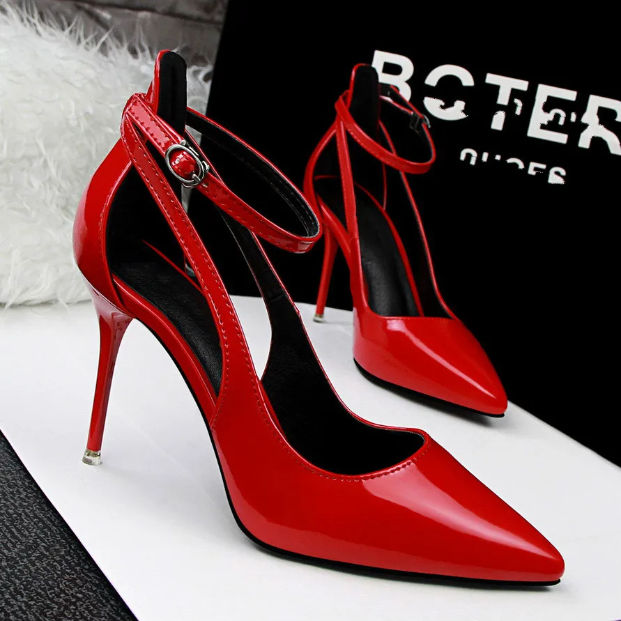 

Summer Party Solid Pumps Women Shoes Fashion Buckle Strap Sexy Shallow Pointed Toe PU Leather 9cm Thin High Heel Female Shoes