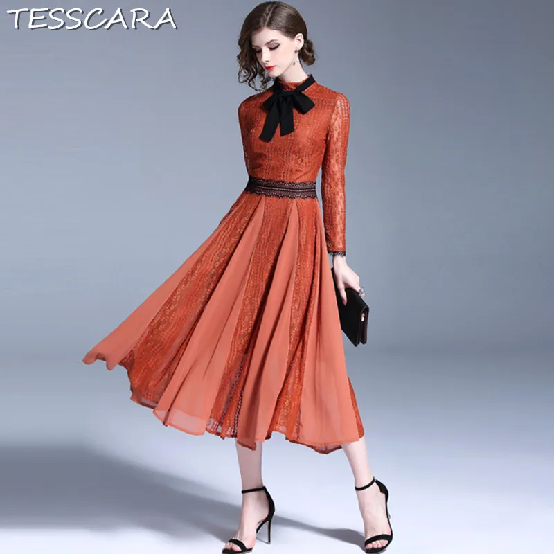 Caramel TESSCARA женское Элегантное Длинное кружевное платье Festa Женская мода с бантом дизайнерские вечерние платья высокого качества офисное винтажное платье Femme - Цвет: Caramel