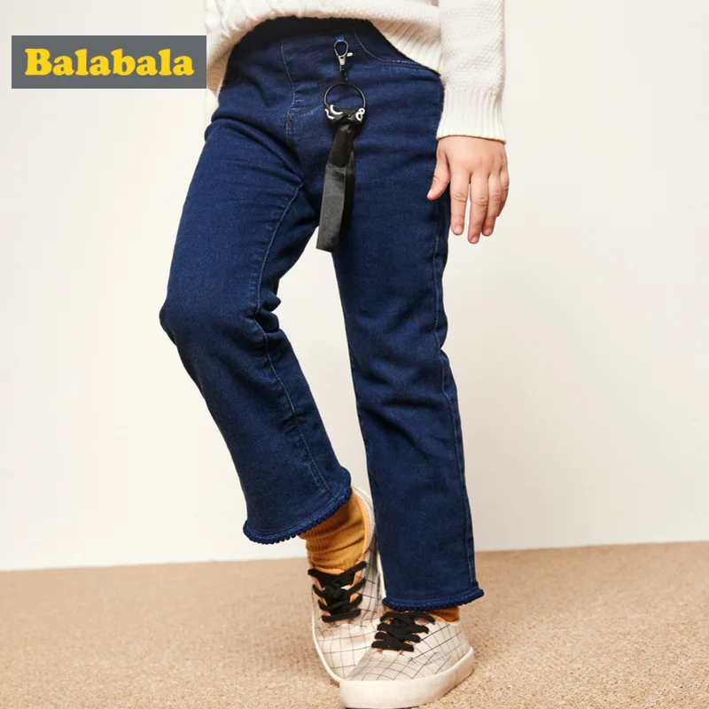 Balabala Todder Girl Fleece-Lined High Flare Jeans with Tab Kids Pull-on in Washed Denim Pocket Ribbing at Waist | Мать и ребенок