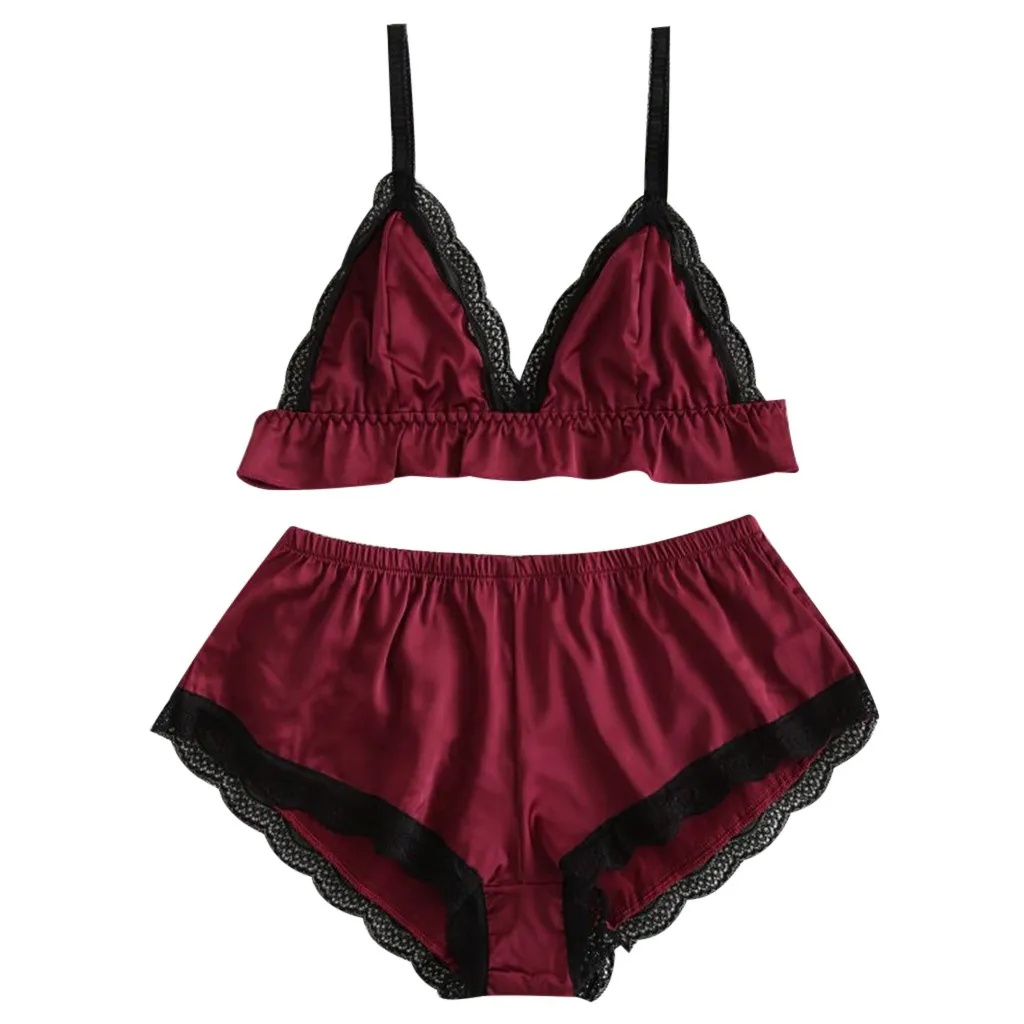 Wine 2 шт. для женщин Атлас пикантные прозрачные bralette белье девушка кружево сращивания комбинезон-Пижама Сексуальное Женское Эротическое#7 - Цвет: Wine