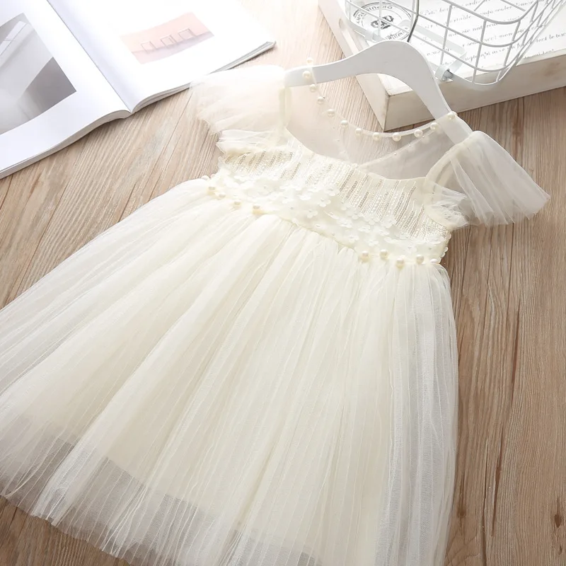 Детское летнее Сетчатое платье для девочек принцессы с жемчужным вырезом |