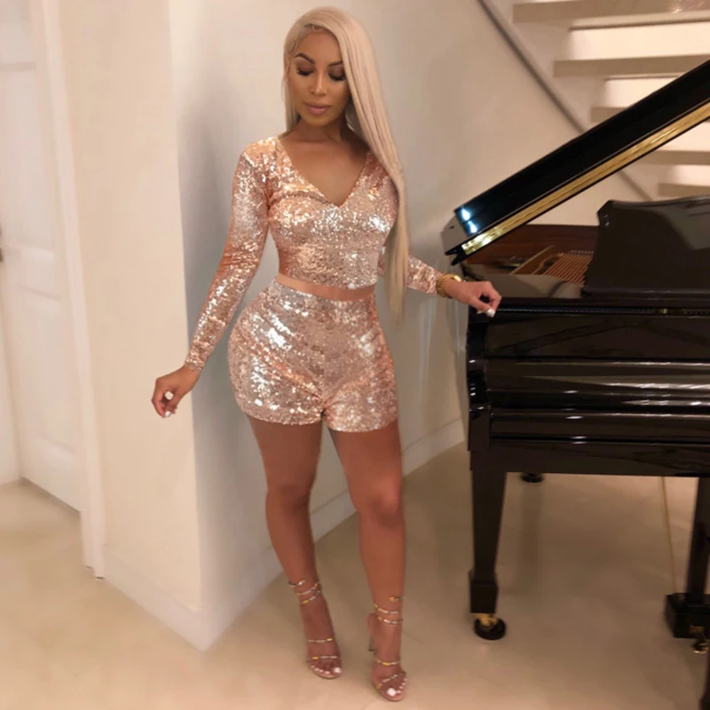 Блестящий вечерний сексуальный женский комплект из 2 предметов с длинным рукавом