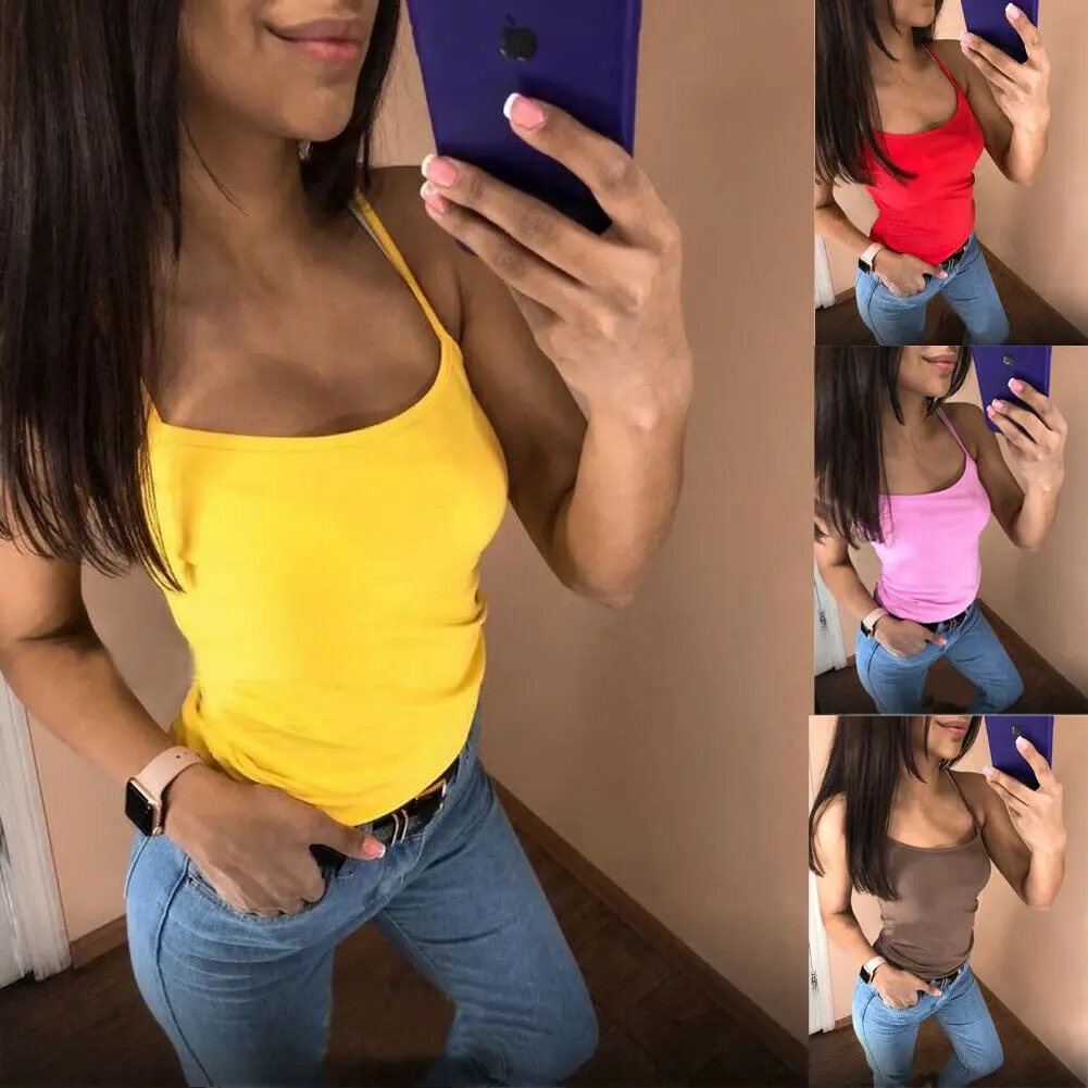 Летний Женский Повседневный Топ на тонких бретельках без рукавов Простой Тонкий