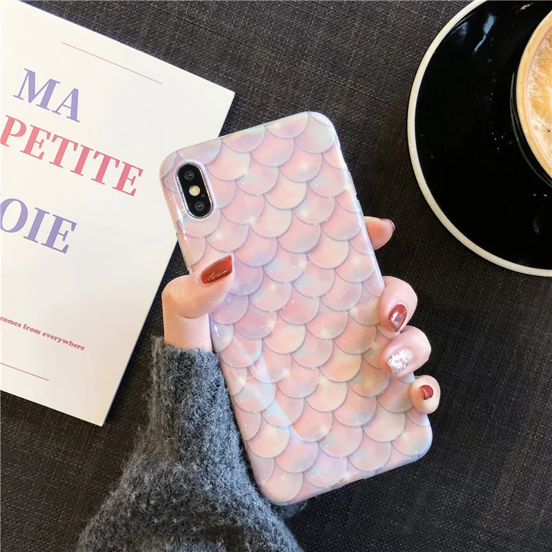 Pink mermaid scales phone case For iphone XS Max XR for 6 6s 7 8 plus shiny soft silicon back cover |