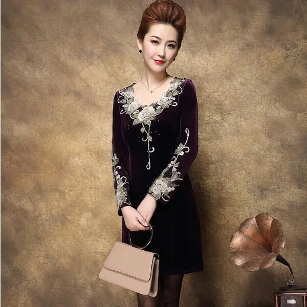 Осень 2019 женское бархатное платье большого размера для женщин среднего возраста