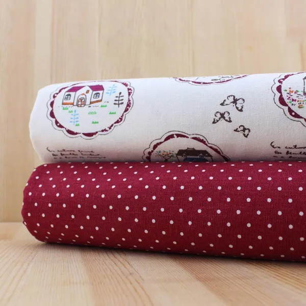 Хлопково льняная ткань 2 дизайна Красная точка мультяшный дом толстый в
