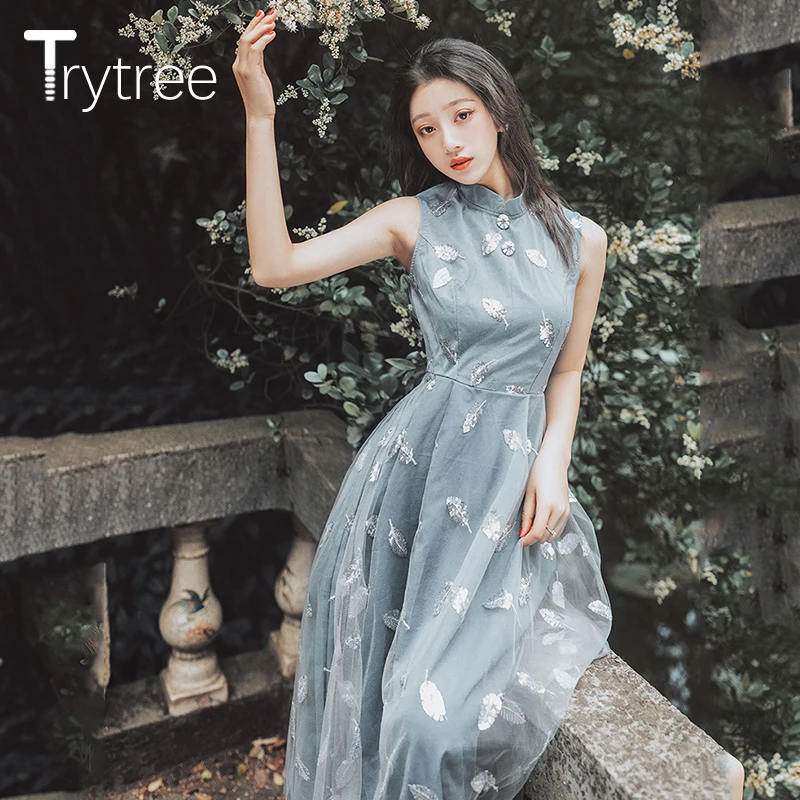 Летнее женское платье Trytree 2020 повседневные платья с воротником-стойкой без