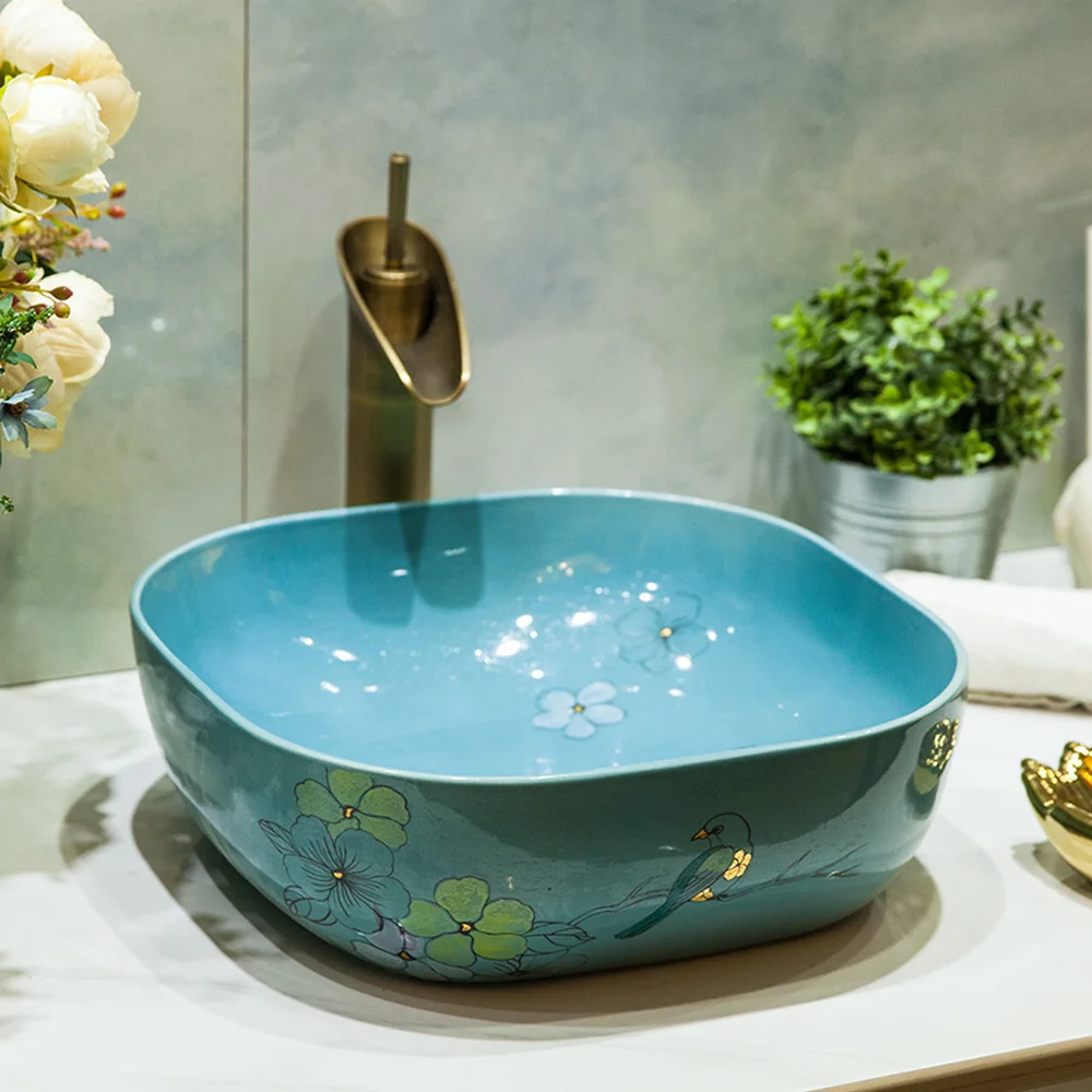 bathroom above counter basin ceramic vanity sink glaze blue flower bird LO6201128 | Обустройство дома
