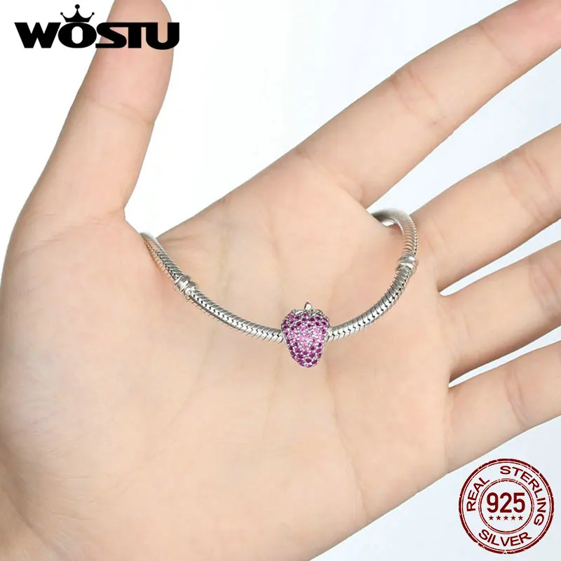 Лидер продаж реальные 925 стерлингового серебра клубника Шарм Бусины Красный CZ