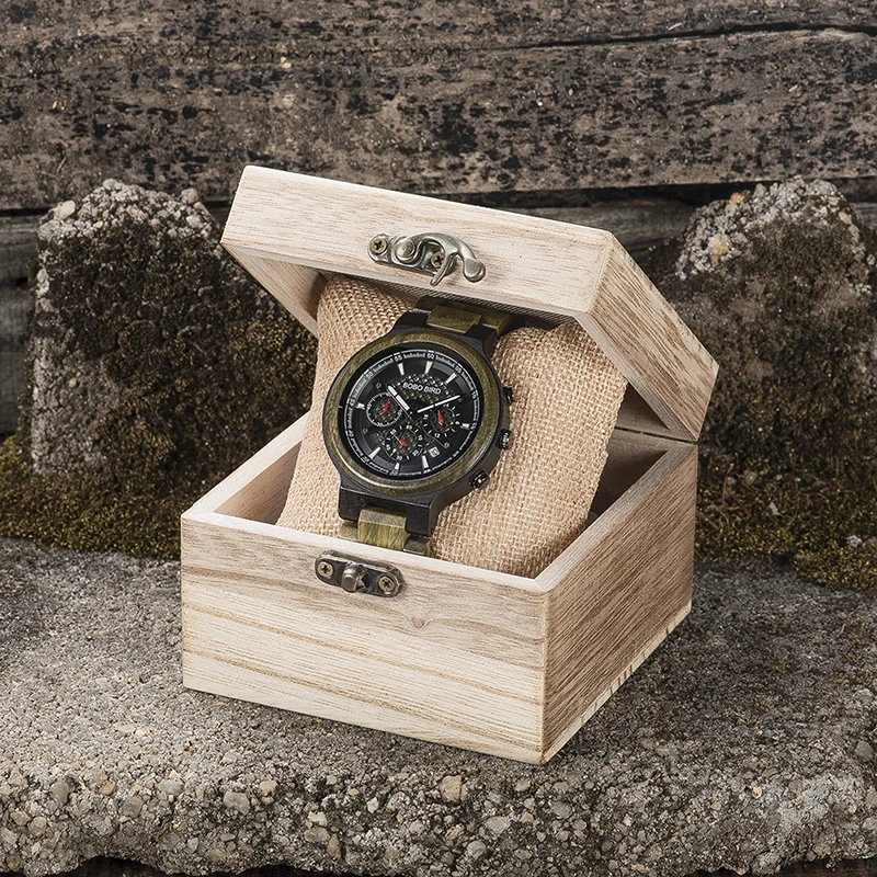 

Relogio Masculino BOBO BIRD Wooden Men Watch Quartz Wristwatch Green Sandalwood Timepieces Chronograph erkek kol saati