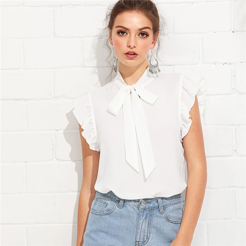 SHEIN горчичная элегантная Офисная Женская блузка с оборками на плечах и завязками на шее с цветочным принтом, летняя женская шифоновая блузка и блузки