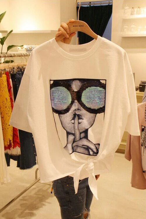 2018 Новинка Сезон весна-лето Летние женские Топы с блестками очки принтом для