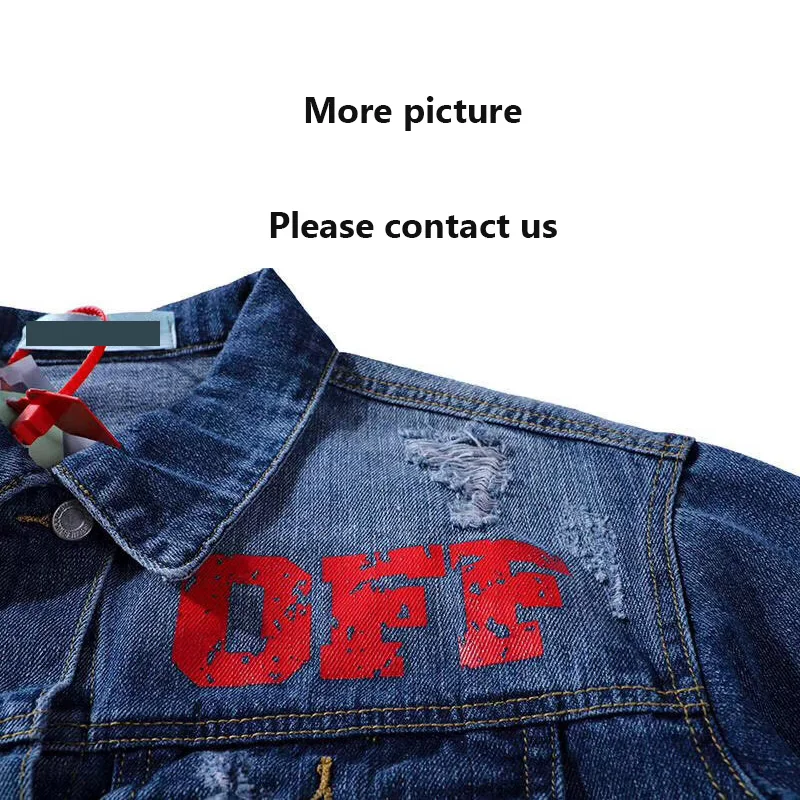 Off White Письмо печати джинсовая куртка Для мужчин рваные s синий Жан хип-хоп джинсы