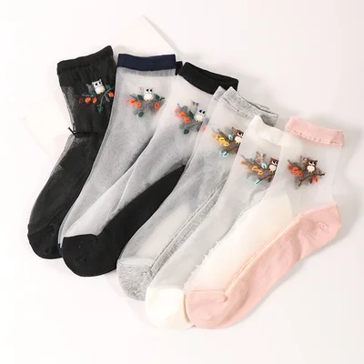 each color 1 pair Новинка, 5 пар/партия, летние женские тонкие короткие носки с милой мультяшной совой, Femme Lotita, прозрачные, Sharpety, для девушек, кавайные, сексуальные, Bas Meia - Цвет: each color 1 pair