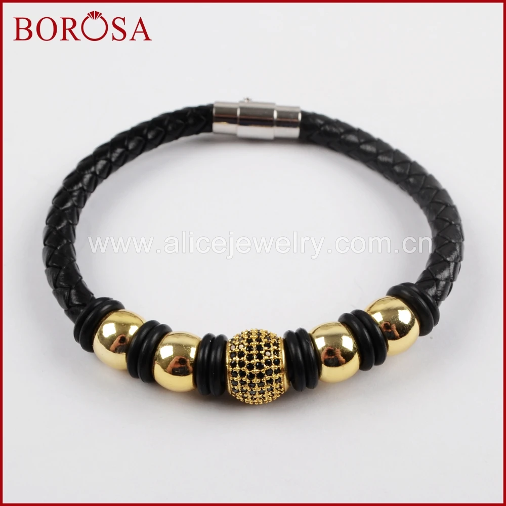 BOROSA Натуральной Черной Кожи Micro Pave CZ Кристалл Медь Браслеты магнит браслет пряжки