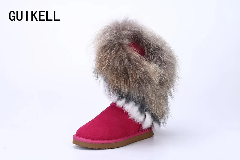 

DELL big fashion natural fox fur cow leather lady high snow boots for women winter boots flats shoes rabbit fur tassels edging