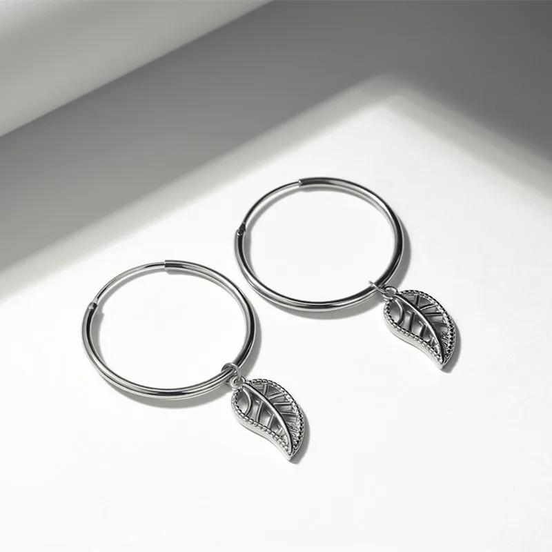 Женские круглые серьги кольца из серебра 925 пробы с листьями|Серьги-кольца| |