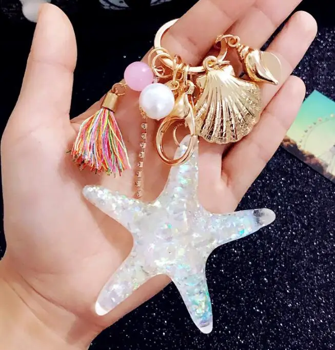 

new 10 pcs new Cute Cartoon Sea World Starfish Pearl Shell Keychain Key Chain Kye Ring Crystal Pendant Keychain Gift For Girls