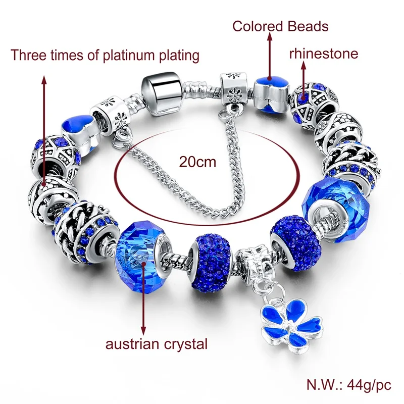 2019 ювелирные изделия браслеты с синими кристаллами для женщин серебряный