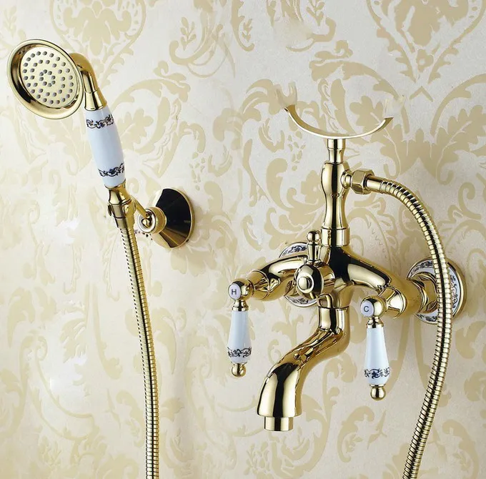 Роскошный золотой цвет латунь ванная комната настенный ручной душ ванна кран