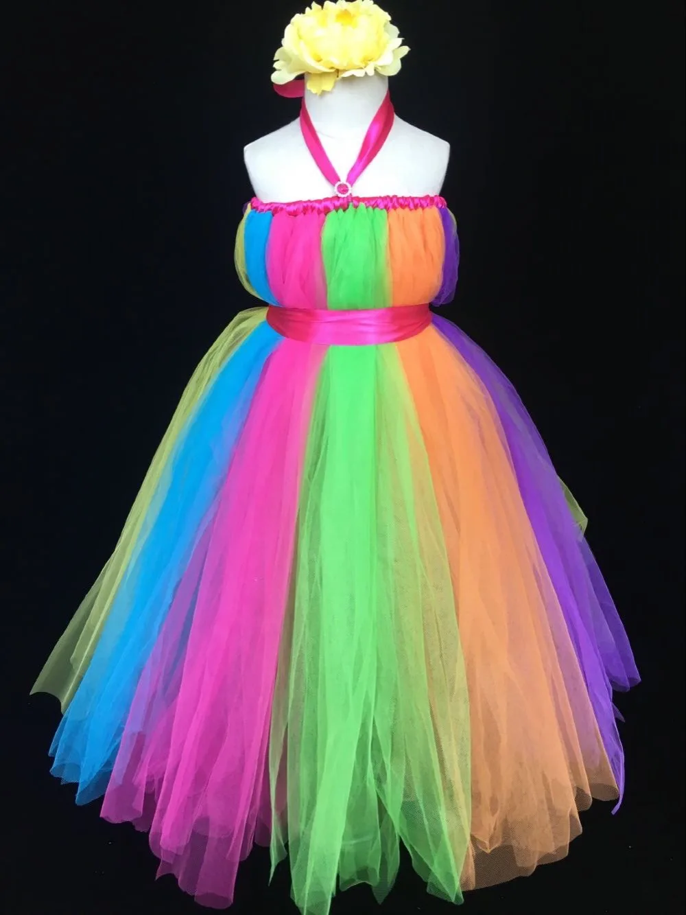 

Rainbow Color Girls Tulle Long Dress Kids Fluffy Strap Tutu Dress Flower Ball Gown with Ribbon Bow Children Wedding Party Dress