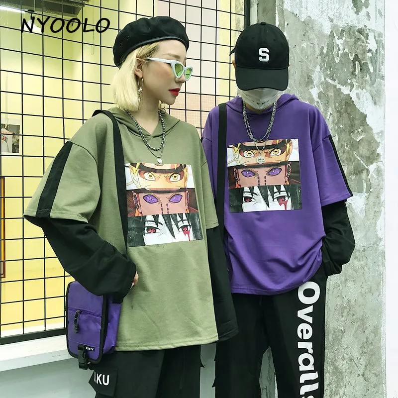 NYOOLO Harajuku стиль мультфильм комикс печати толстовки лоскутное Поддельные 2 шт. с капюшоном пуловеры толстовка женская/мужская одежда топы