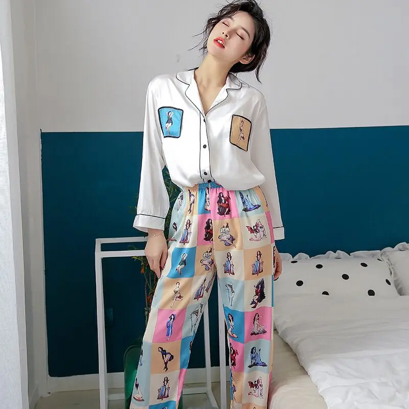 

2019 Stylish Women Pajama Set Silk Satin Sleepwear Spring Summer Long Sleeve Pants Two-piece Suit Home Wear Pyjama Femme P-1032