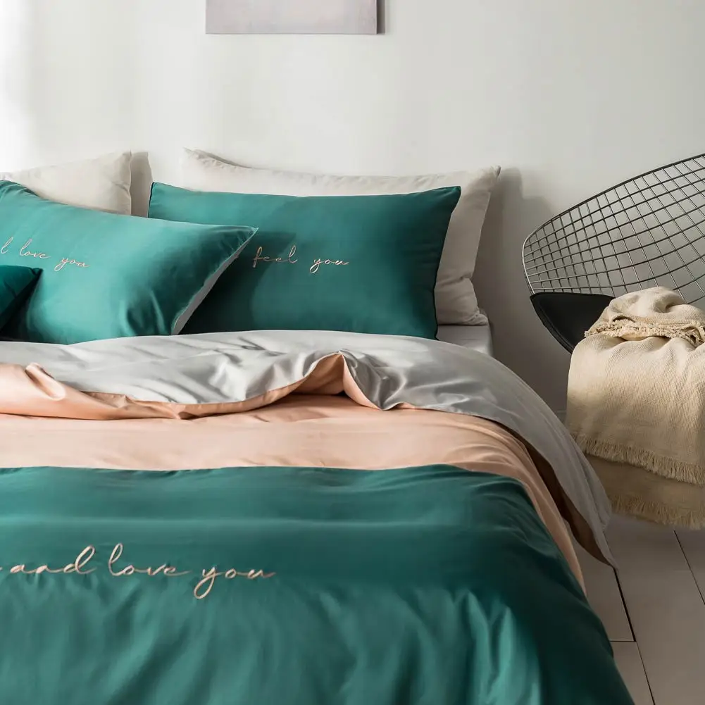 Nordic Light Green Dark INS Embroidery Bedlinens Artificial Silk Satin Duvet Cover Set Queen King Bedsheet Bedding Set