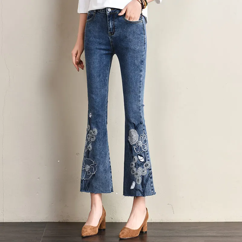 Джинсы с вышивкой джинсовые расклешенные брюки для женщин облегающие хлопковые