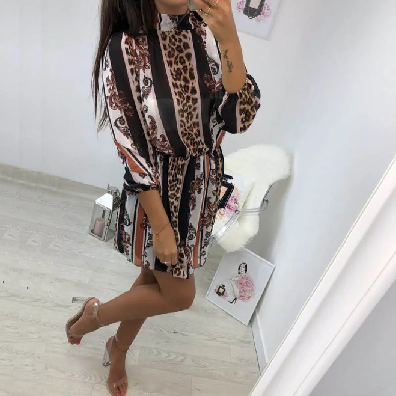 ELSVIOS Women Back Bow Striped Print Dress 2019 New Spring Turtleneck Long Sleeve A-line Dresses Casual beach Vestidos | Женская одежда