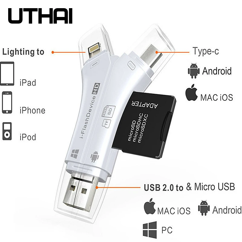 UTHAI C20 кардридер 4 в 1 type-c/Lightning/Micro USB/USB 2,0 для iPhone TF/SD кардридер