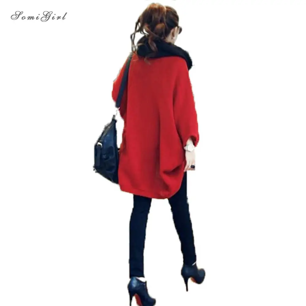 2018 New Women Loose Shawl Batwing Sleeves Lady Knit Sweater Coat Woolen Female Cardigans Red/Black Free Size |