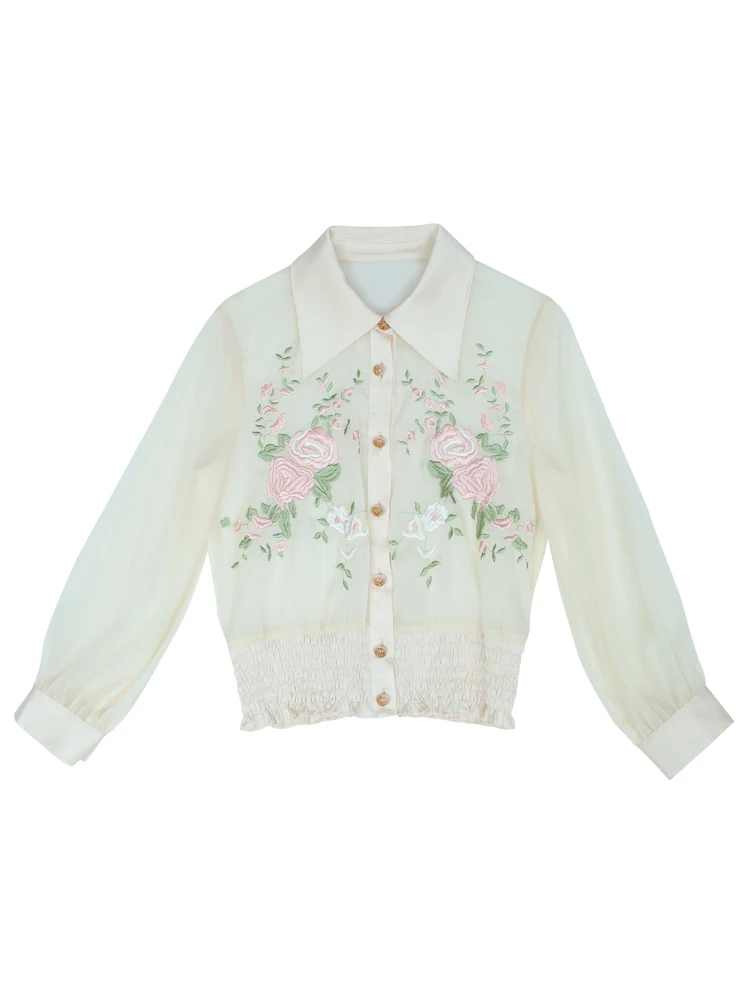 

LYNETTE'S CHINOISERIE Spring Summer New Arrival Women Vintage French Style Mori Girls Exquisite Flower Embroidery Shirts/Blouses