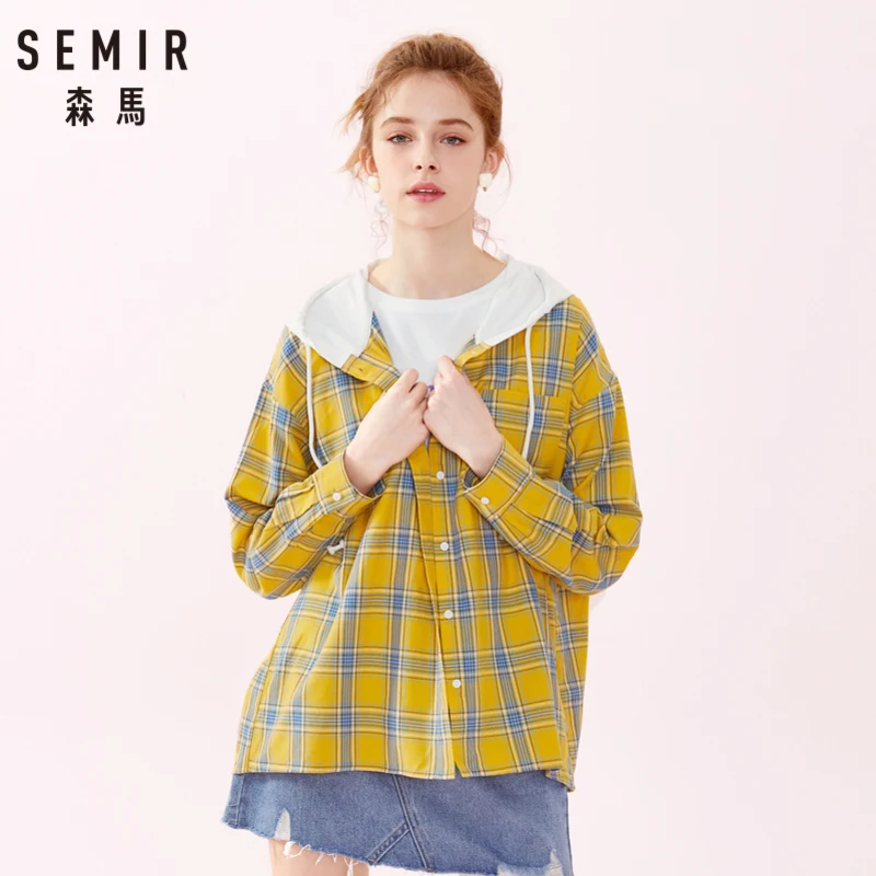 SEMIR Женская хлопковая клетчатая длинная рубашка куртка с завязкой на капюшоне