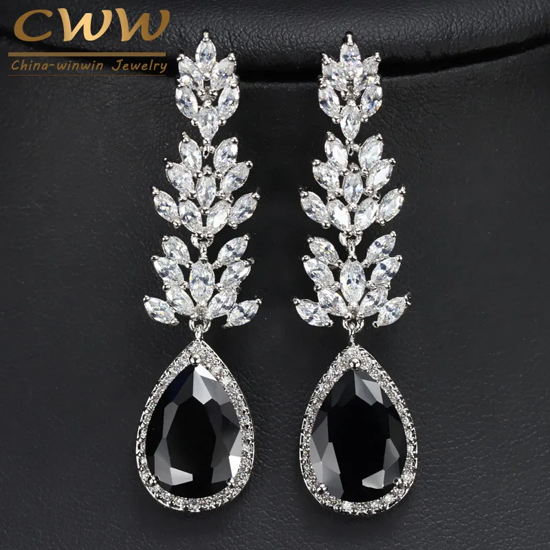 black Cwwzircons Роскошные Серьги Высокого Качества Серебряного Цвета С Длинным Каплевидным Кристаллом Модное Украшение с Фианитами для Женщин cz382 - Окраска металла: black