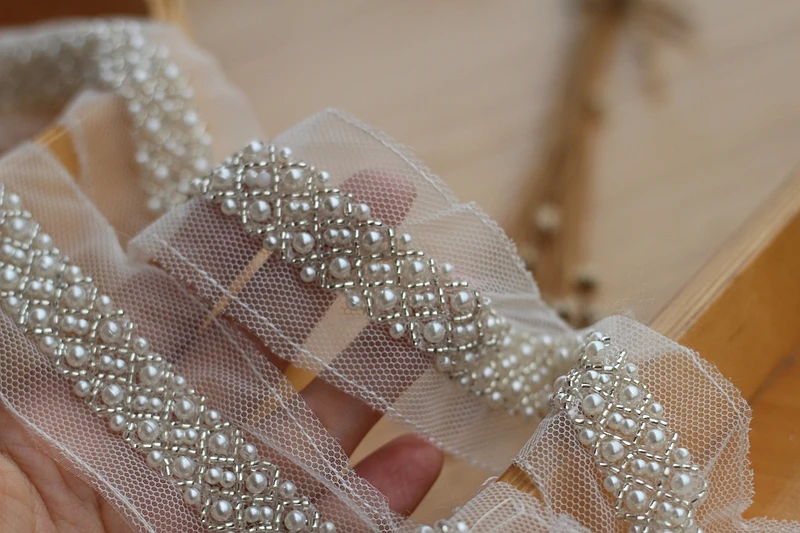 Жемчужная вышитая бисером кружевная отделка 2 ярда для костюма свадебного платья