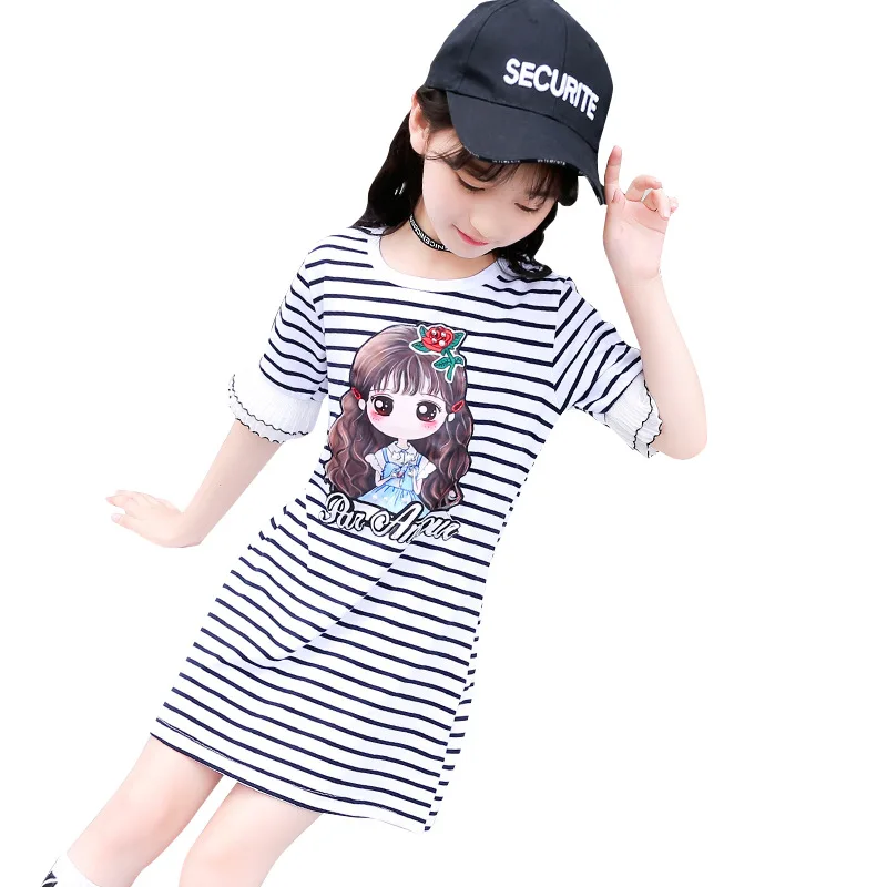 Kids Girls Dress Cotton Striped Short sleeve Clothing summer Casual Children 4 5 6 7 8 9 10 11 12 13 14 Years | Детская одежда и