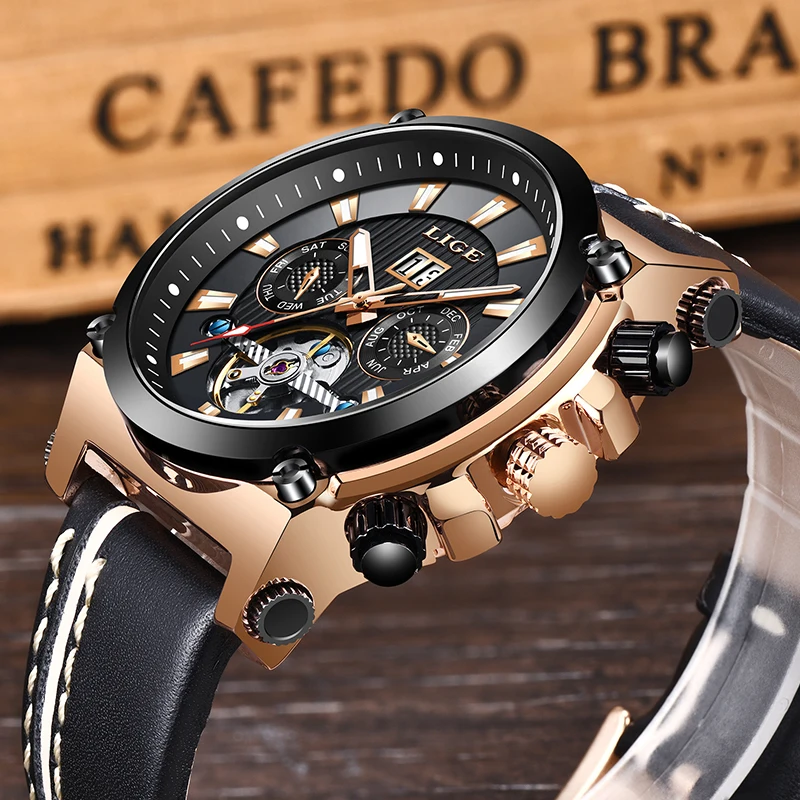 LIGE мужские часы Топ бренд класса люкс бизнес модные автоматические Tourbillon кожа