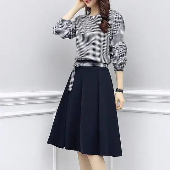 Комплект из 2 предметов с клетчатым рукавом фонариком и юбкой Saia Midi Jupe Femme Conjunto