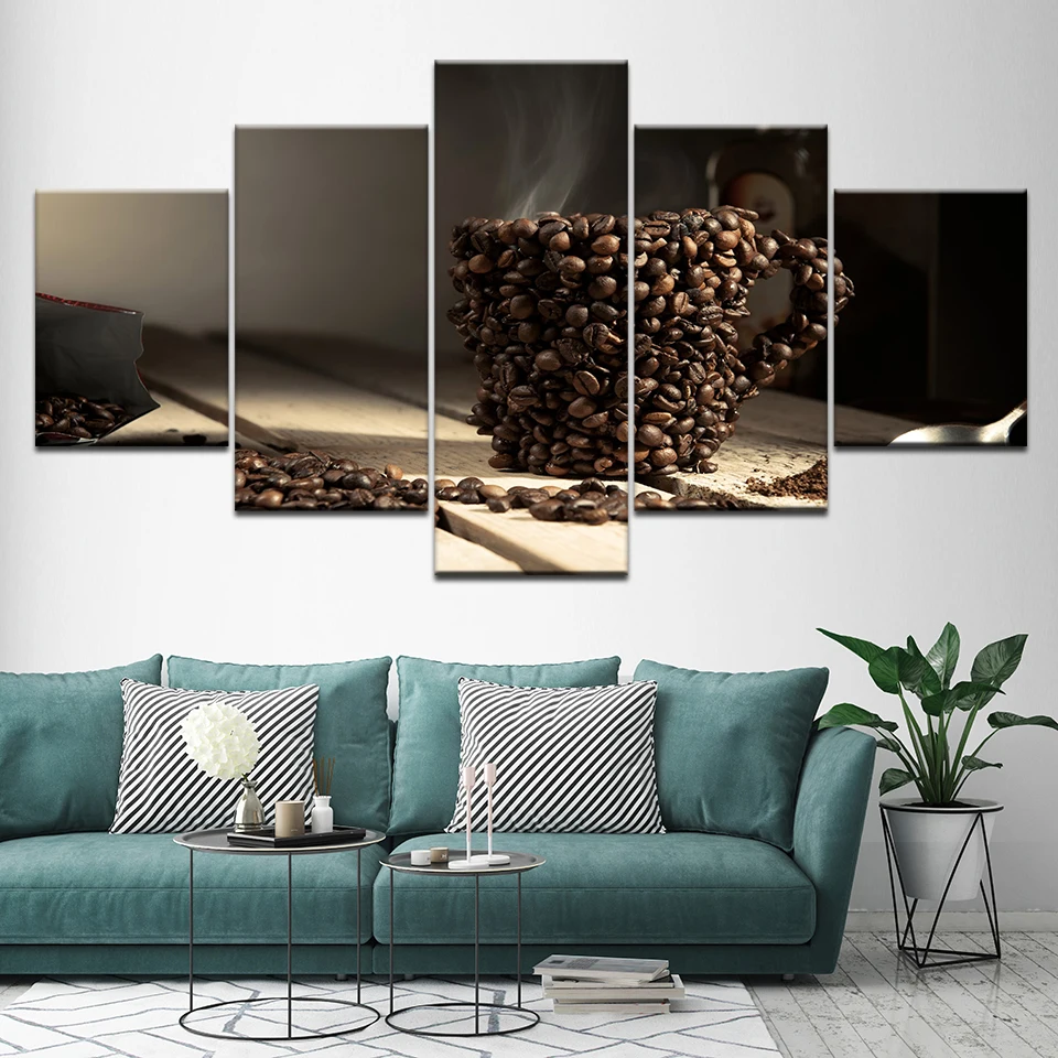 Картина на холсте с чашкой кофейных зерен 5 шт. Настенная картина модульные обои