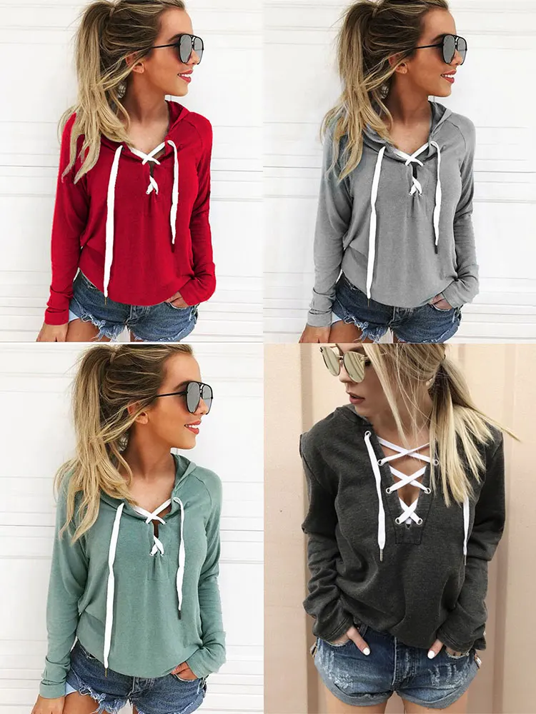Spring and Summer hot sale Hooded Sweatshirts Sexy Long-Sleeved V-Neck Strap Open Chest Women'S Solid Color Casual Sweatshirts