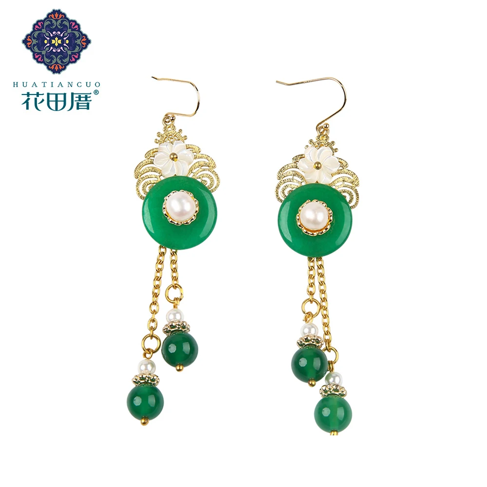 

Green Round J ade Buckle Alloy Ethnic Handamde Earring Freshwater Pearl Shell Petal Green Stone Bead Accessories Woman EZ-190311