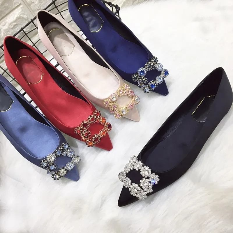 

Fashion ladies pumps elegant rhinestones silk satin low heel shoes women's shoes crystal metal buckle women's party shoes ladies