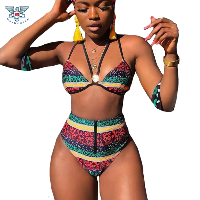 Женский купальник с высокой талией бикини принтом купальный костюм из 2